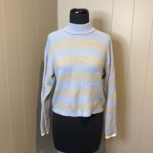Sincerely Jules Cropped Sweater Woman's Size Small Mock Neck Blue/Grey Striped
